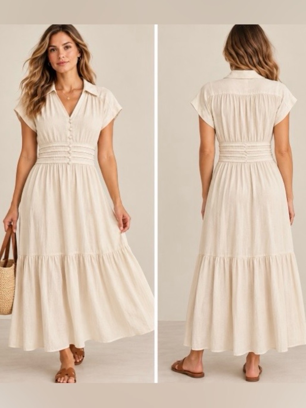 Taylor Ivory Linen Blend Tiered Maxi Dress Size 6
Pintuck Button Front
